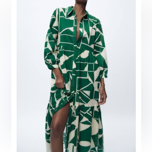 New! Zara small green combo geometric print front button ruffled hem dress. - Picture 12 of 14